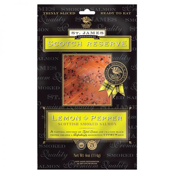 Salmão Fumado Escocês Fatiado com Limão e Pimenta Scotch Reserve St. James Smokehouse 100g